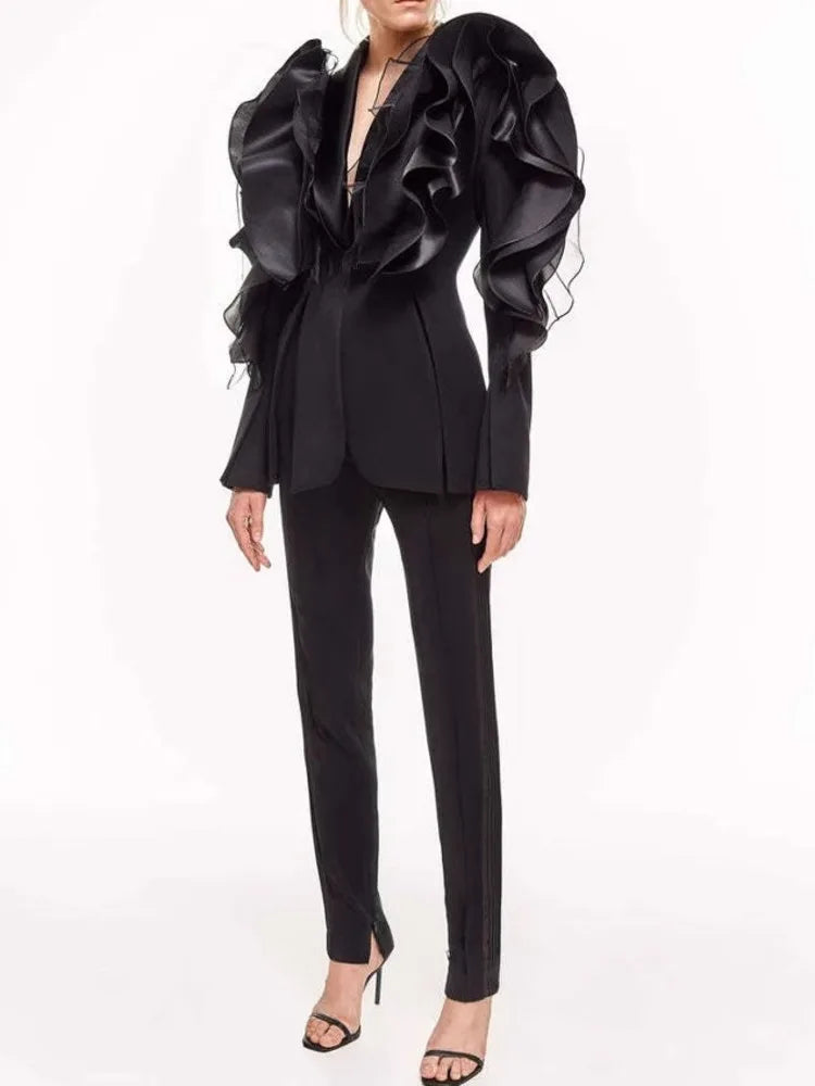 Women's Black Patchwork Cardigan - Tiered Ruffles Long Sleeve